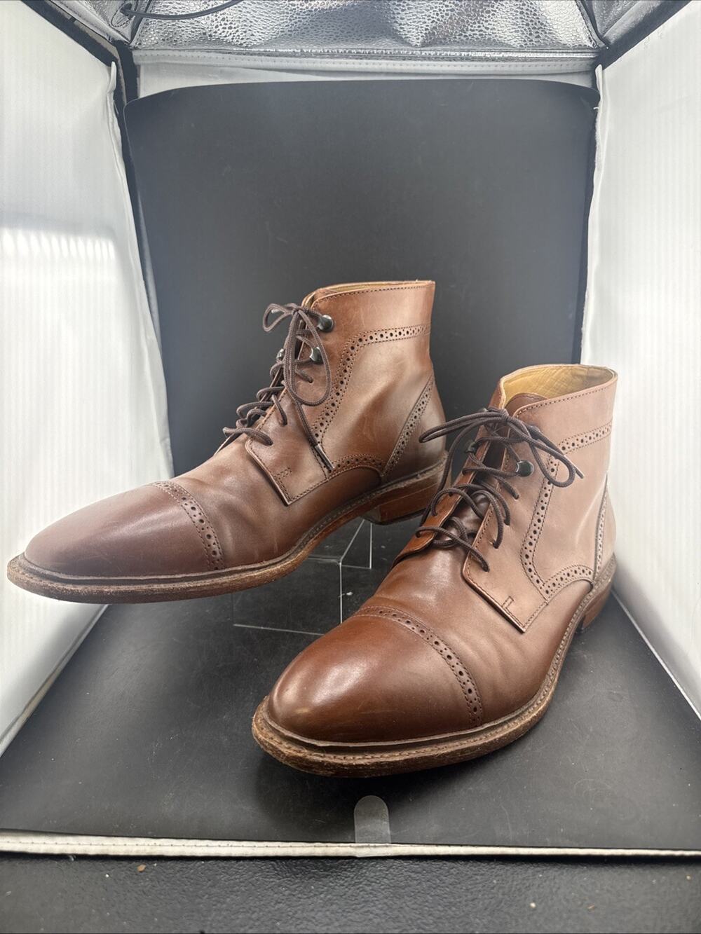 Johnston & Murphy Mens 12 M Brown Leather Cap Toe Brogue Lace Up Dress Boots